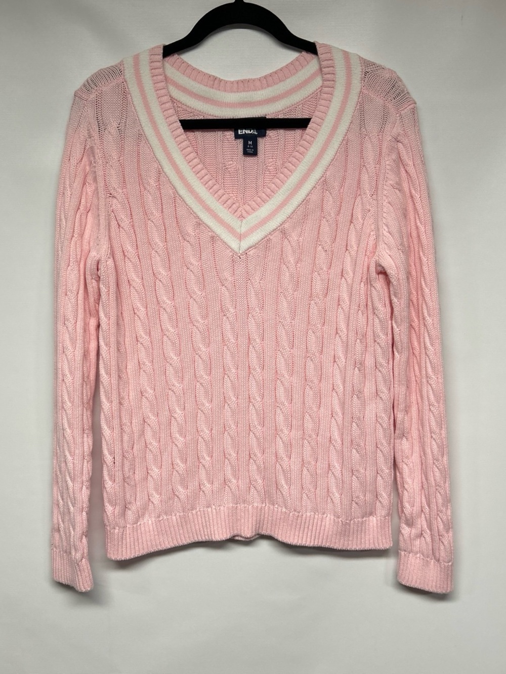 Lands' End Pink Cable-Knit V-Neck Sweater with Cream Stripe